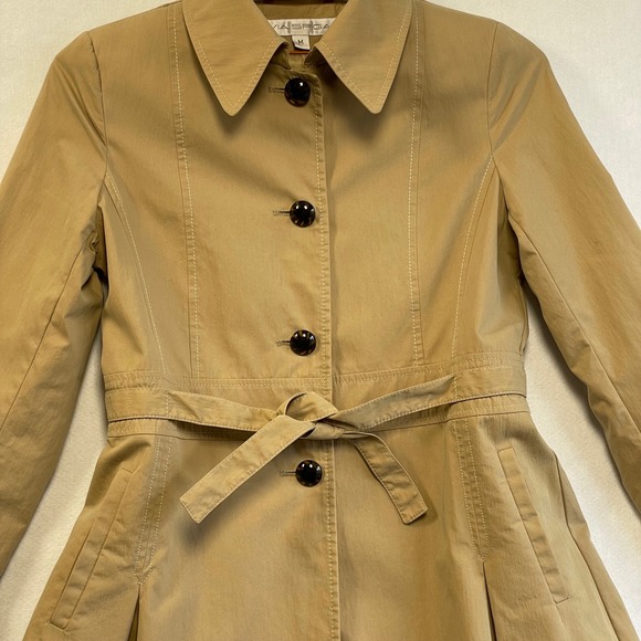 Via Spiga Womens Tan Belted Trench Coat Pleated Skirt Jacket Khaki Size Medium - Picture 2 of 11
